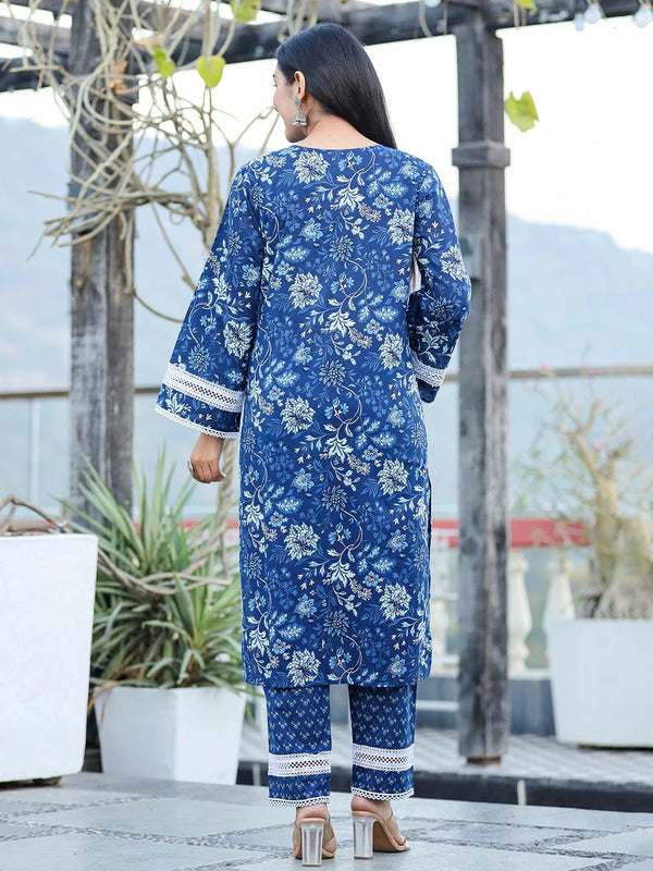 Yufta Blue pure Cotton kurta dupatta set with Thread_Work detailing
