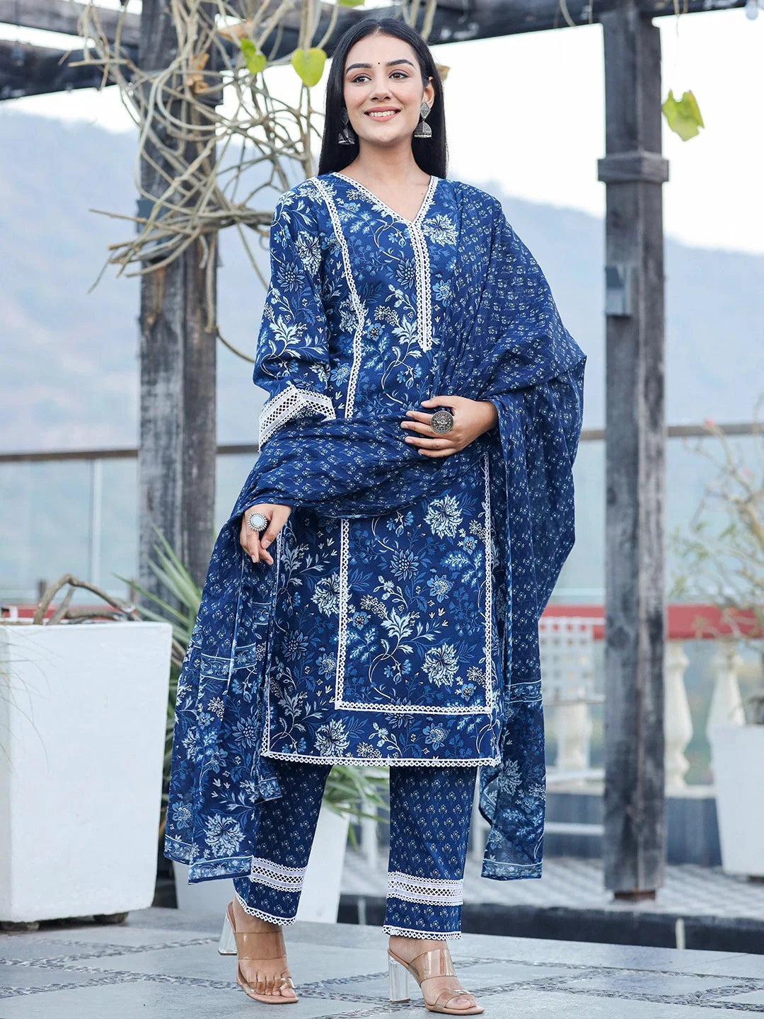 Yufta Blue pure Cotton kurta dupatta set with Thread_Work detailing - Distacart