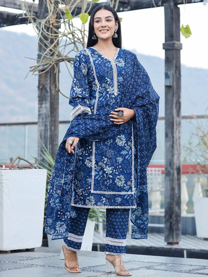 Yufta Blue pure Cotton kurta dupatta set with Thread_Work detailing - Distacart