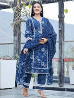 Thumbnail for Yufta Blue pure Cotton kurta dupatta set with Thread_Work detailing