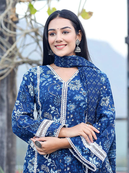 Yufta Blue pure Cotton kurta dupatta set with Thread_Work detailing - Distacart