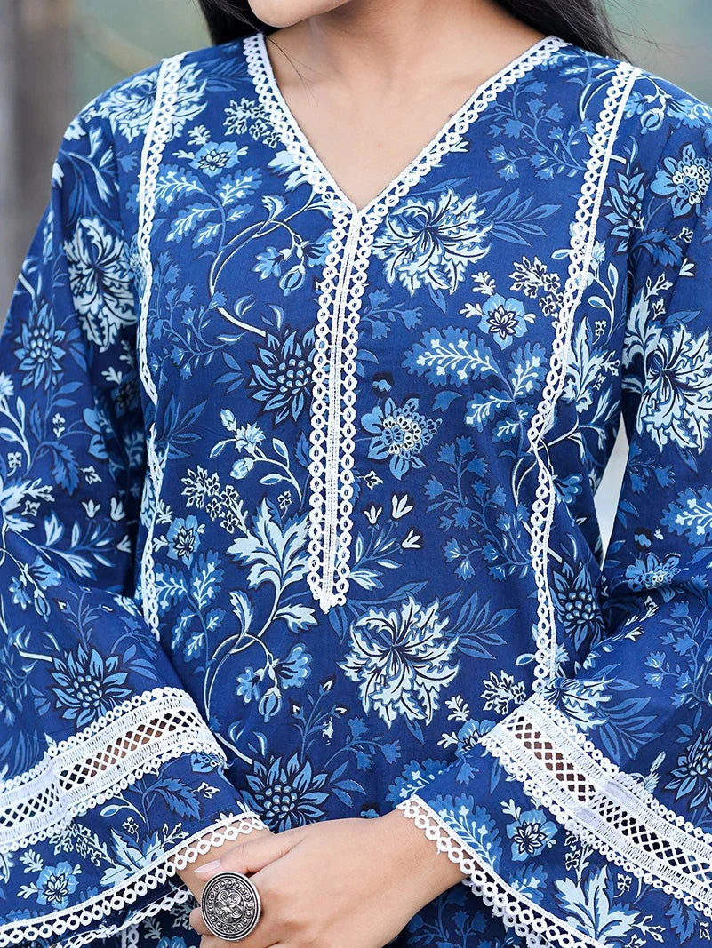 Yufta Blue pure Cotton kurta dupatta set with Thread_Work detailing - Distacart