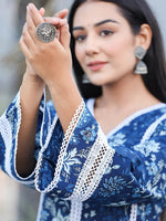 Thumbnail for Yufta Blue pure Cotton kurta dupatta set with Thread_Work detailing