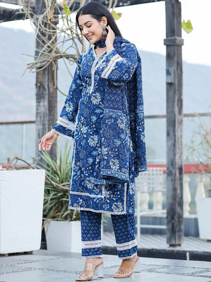 Yufta Blue pure Cotton kurta dupatta set with Thread_Work detailing - Distacart