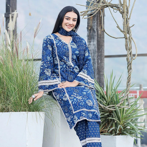 Yufta Blue pure Cotton kurta dupatta set with Thread_Work detailing - Distacart