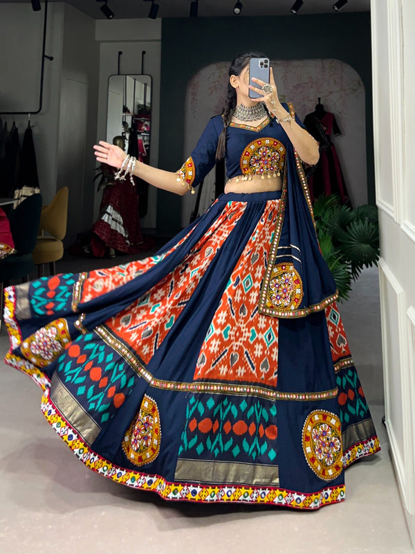 Lorenvalley Blue Rayon and Printed Silk with Plain And Printed With Original Mirror Gamthi Work And Gamthi Patch Work Lehenga Choli - Distacart