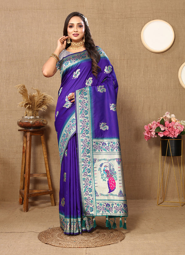 Lorenvalley Fashion Blue Soft Paithani Silk Woven Design Rich Meenakari Zari Weaving Pallu Saree - Distacart