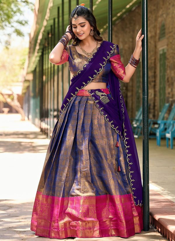 Lorenvalley Blue Kanjivaram Silk Zari Weaving Lehenga Choli with Dupatta - Distacart