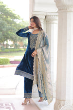 Thumbnail for Lorenvalley Fashion Blue Velvet with Rich Sequins & Zari Embroidered work Kurta Pant with Dupatta