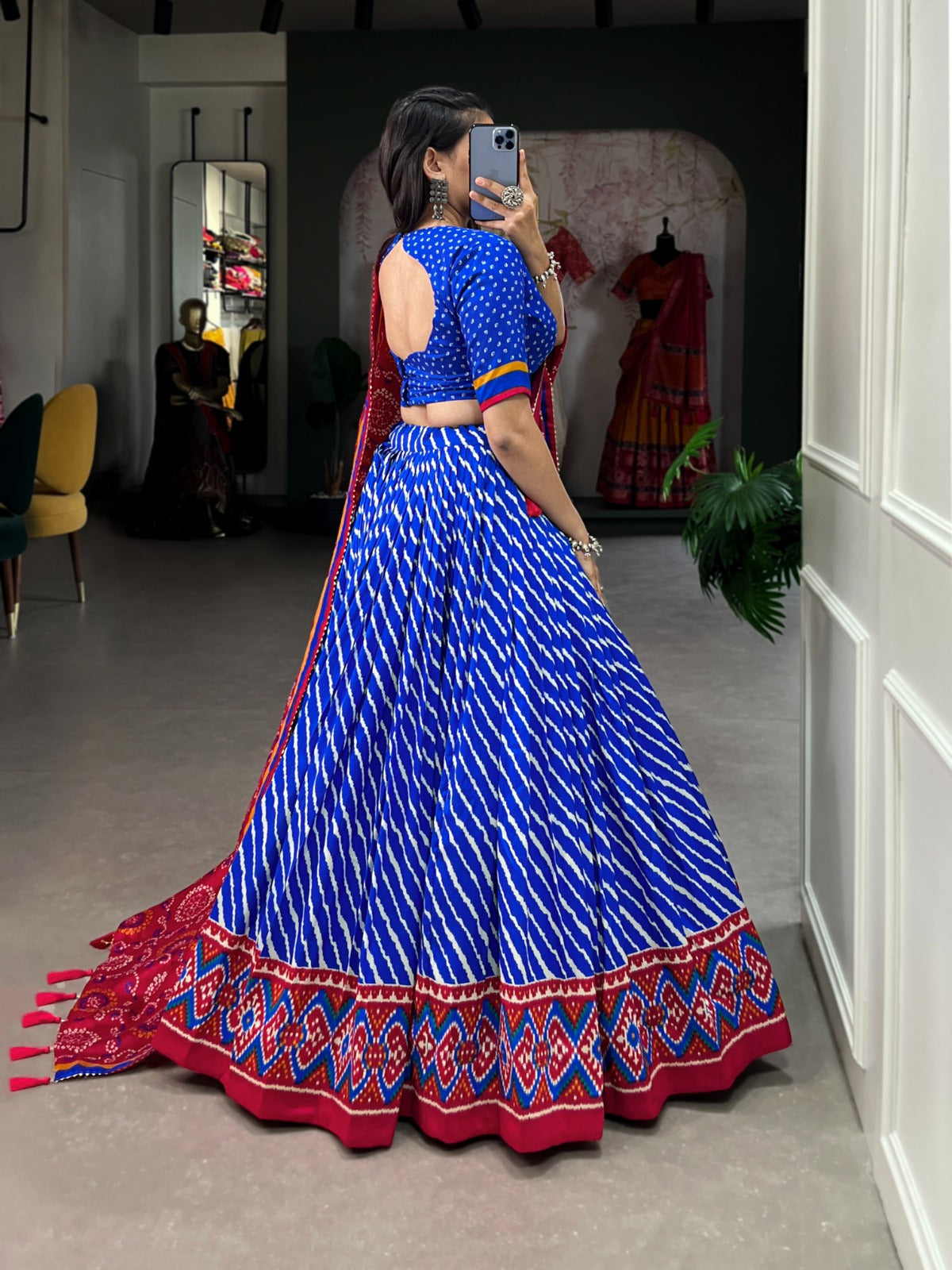 Lorenvalley Blue Tussar Silk Lehenga Leheriya Patola Print Border With Choli Bandhej Print With Bandhej Print Gotta Patti Lace Border Dupatta - Distacart