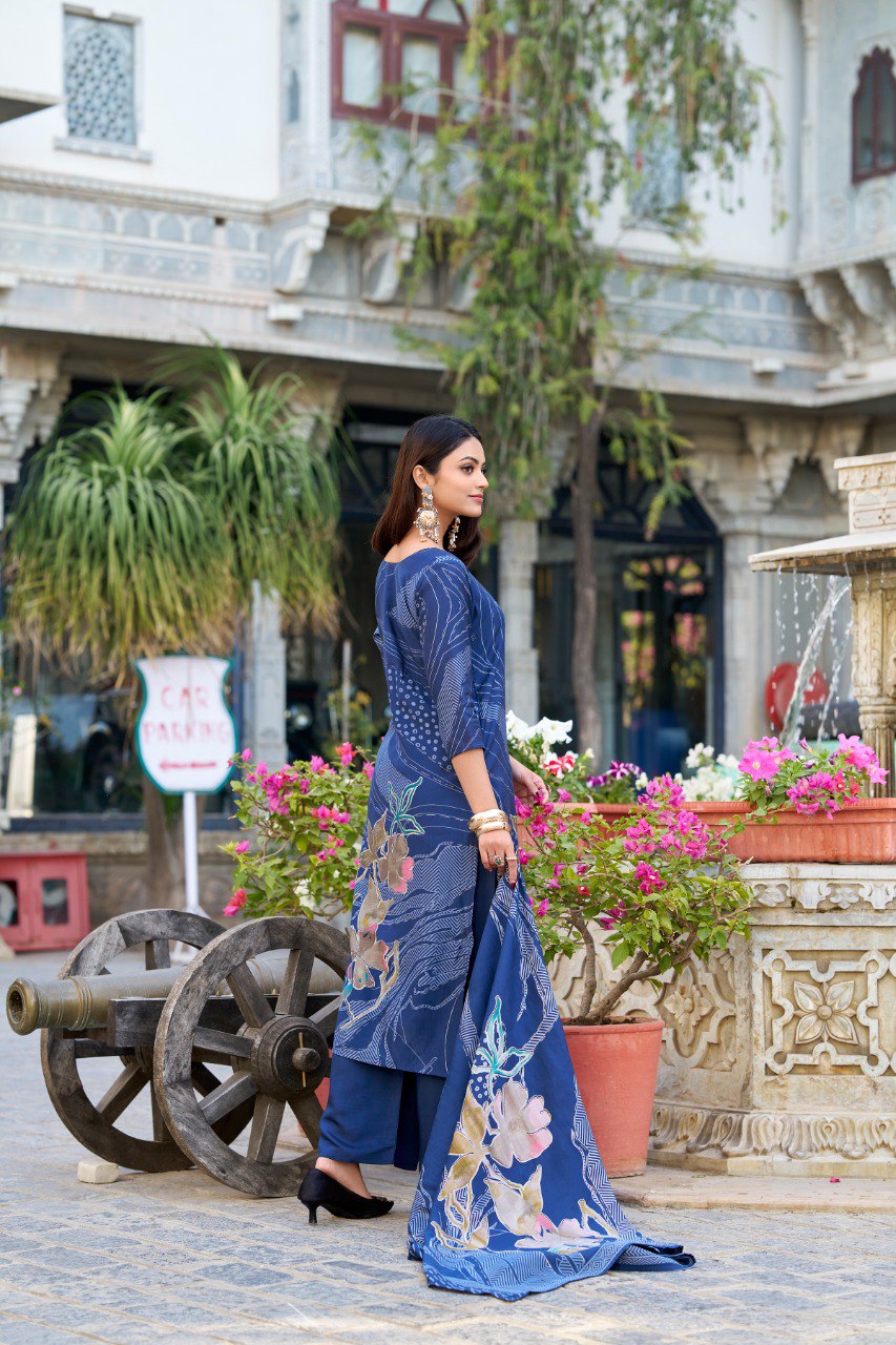 Lorenvalley Blue Roman Silk Floral Print With Beets Handwork Kurta Set - Distacart