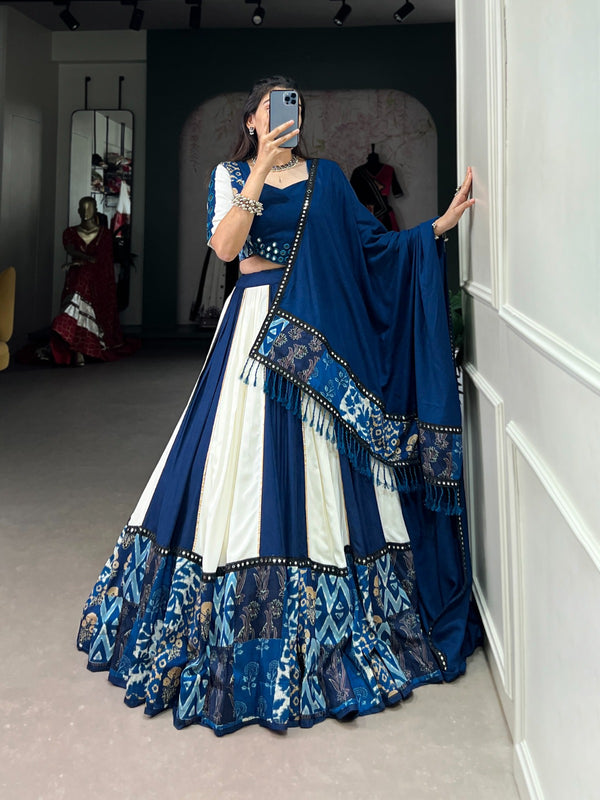 Lorenvalley Blue Pure Rayon with Plain And Printed With Paper Mirror Work Lace And Gota Patti Touch Up Lehenga Choli - Distacart