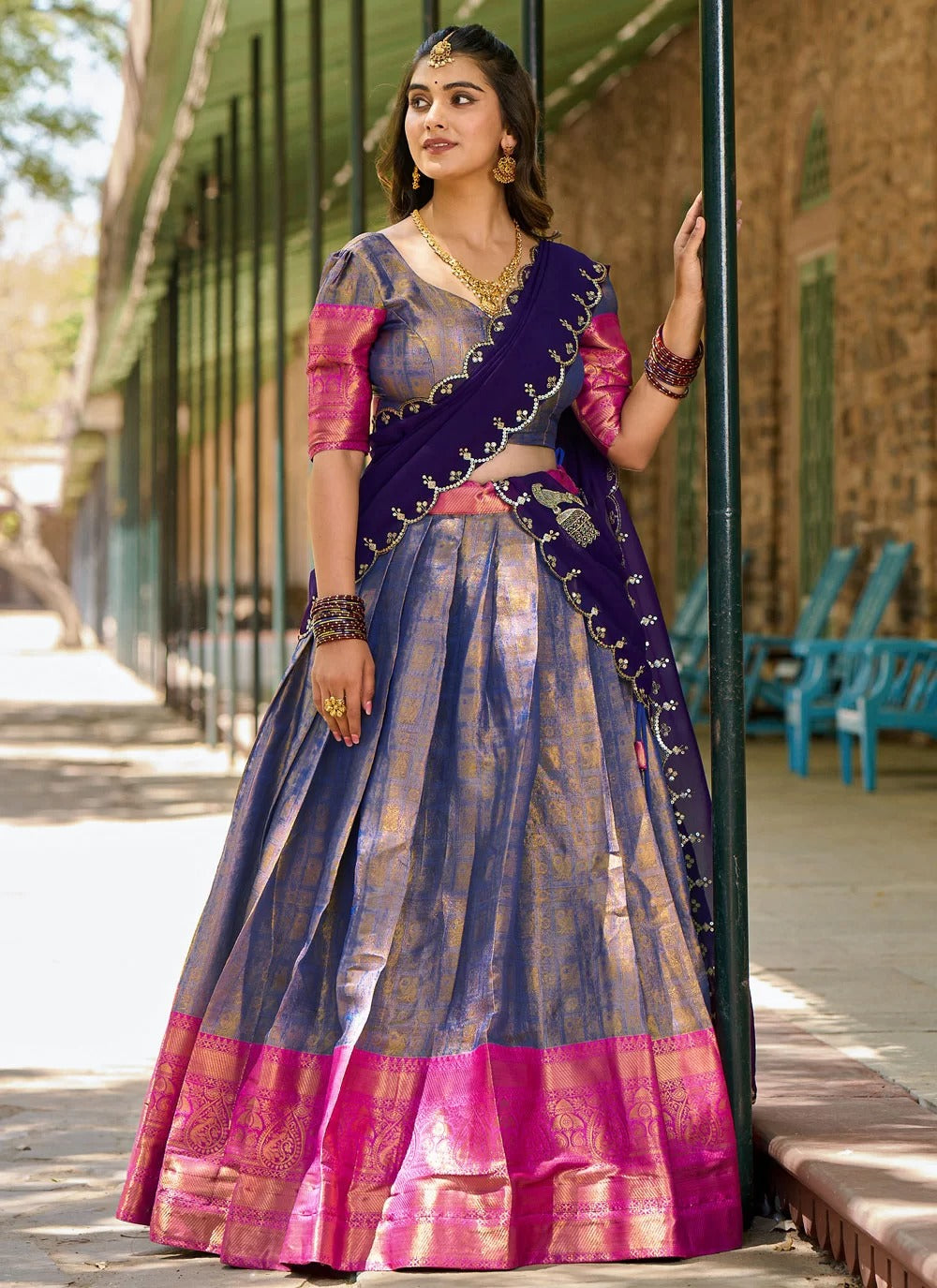Lorenvalley Blue Kanjivaram Silk Zari Weaving Lehenga Choli with Dupatta - Distacart