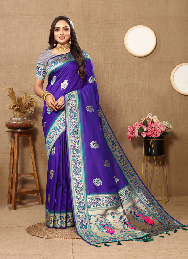 Lorenvalley Fashion Blue Soft Paithani Silk Woven Design Rich Meenakari Zari Weaving Pallu Saree - Distacart