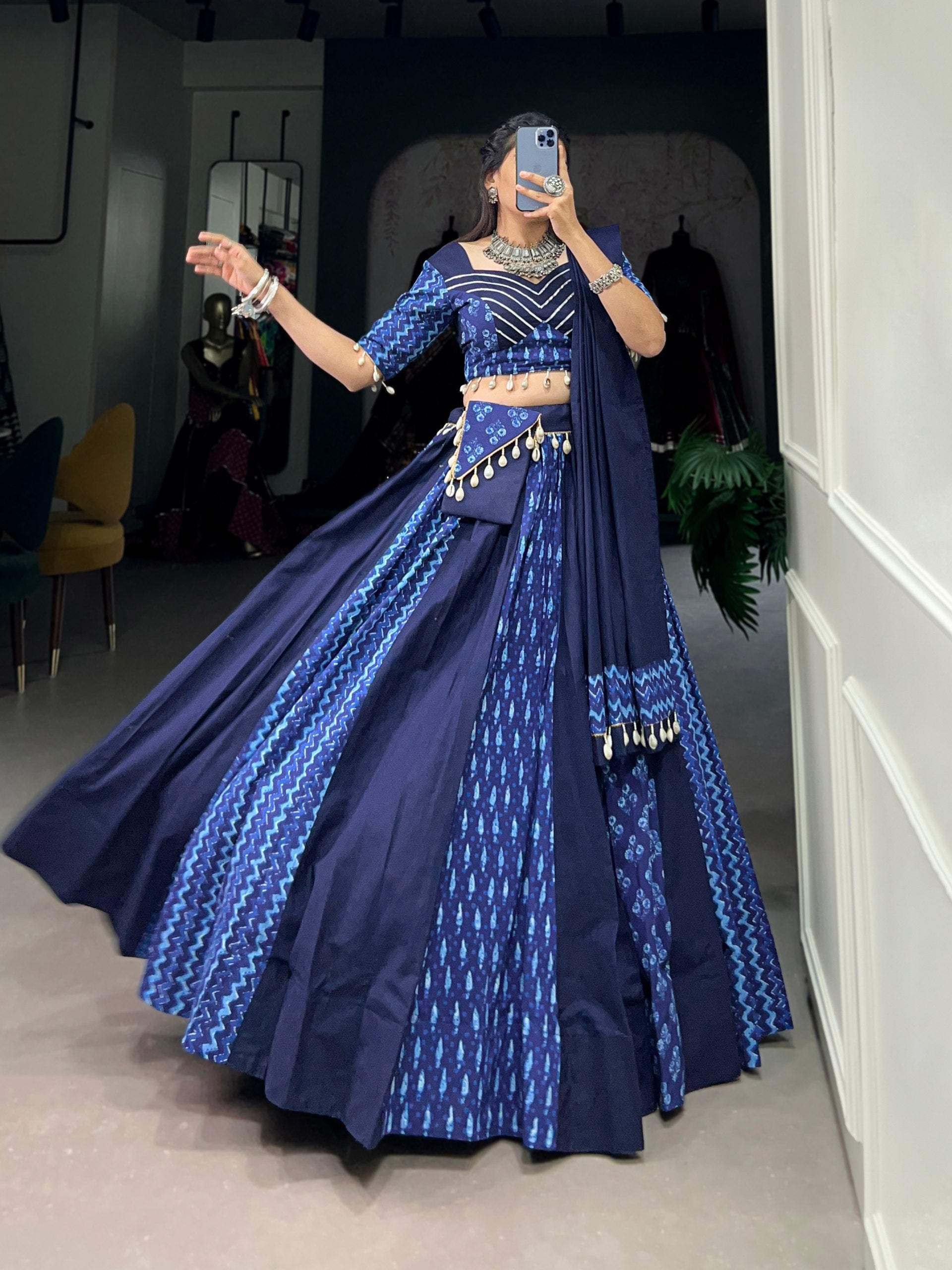 Lorenvalley Blue Pure Cotton Chaniya Choli Adorned With Cowrie Shells And Paired With A Matching Purse - Distacart