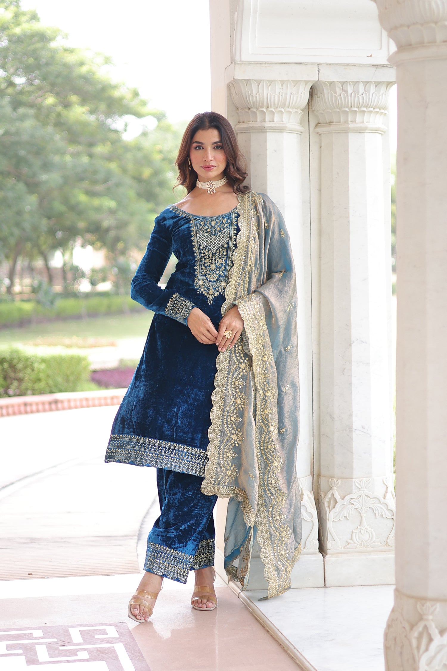 Lorenvalley Fashion Blue Velvet with Rich Sequins & Zari Embroidered work Kurta Pant with Dupatta