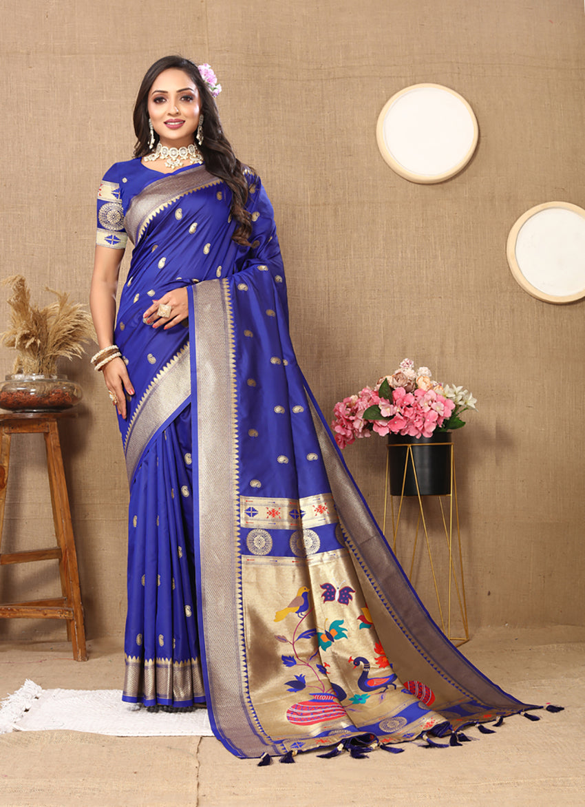 Lorenvalley Fashion Blue Soft Paithani Silk Woven Design Rich Zari Meenakari Weaving Saree - Distacart