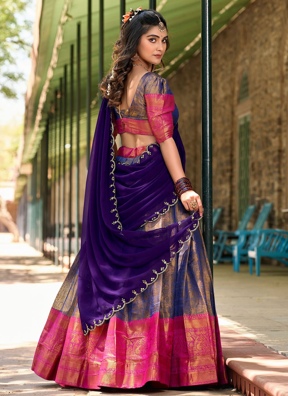 Lorenvalley Blue Kanjivaram Silk Zari Weaving Lehenga Choli with Dupatta - Distacart