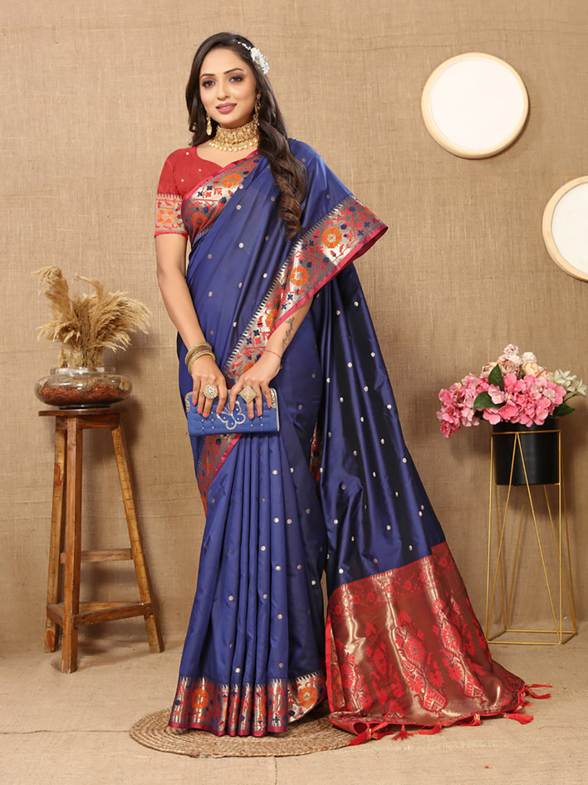 Lorenvalley Fashion Blue Soft Paithani Silk Woven Design Rich Meenakari Zari Weaving Pallu Saree - Distacart