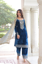 Thumbnail for Lorenvalley Fashion Blue Velvet with Rich Sequins & Zari Embroidered work Kurta Pant with Dupatta
