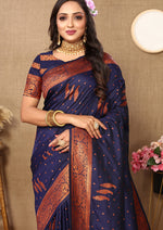Thumbnail for Lorenvalley Fashion Blue Soft Silk Copper Zari weaving Design Saree - Distacart