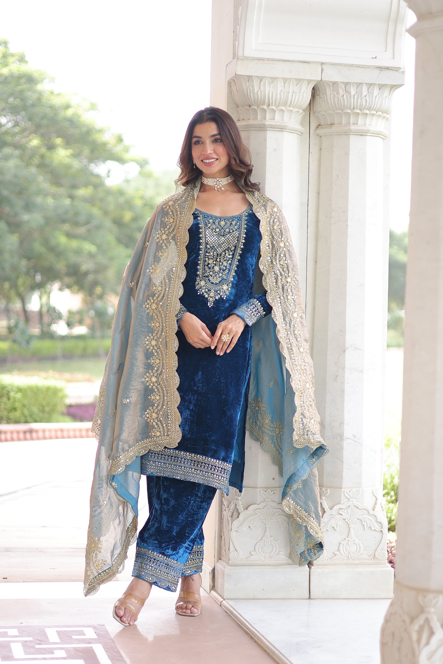 Lorenvalley Fashion Blue Velvet with Rich Sequins & Zari Embroidered work Kurta Pant with Dupatta