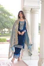 Thumbnail for Lorenvalley Fashion Blue Velvet with Rich Sequins & Zari Embroidered work Kurta Pant with Dupatta
