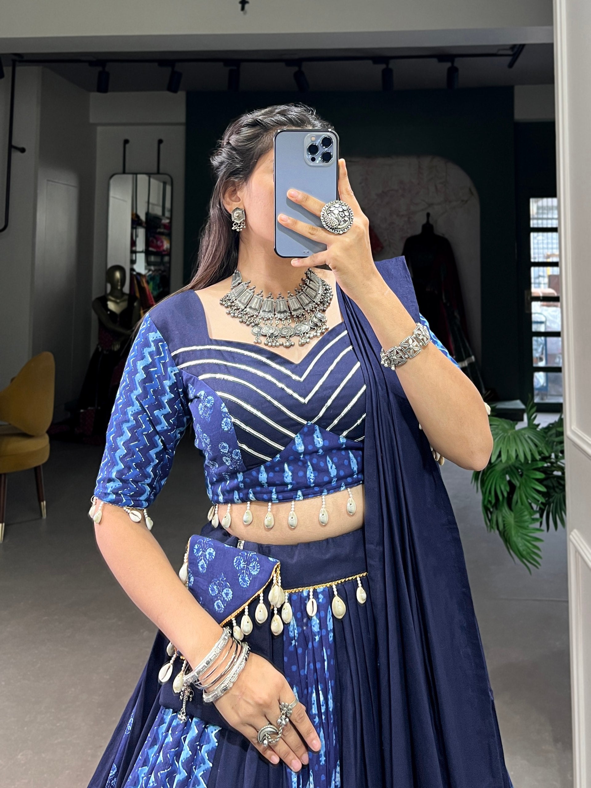 Lorenvalley Blue Pure Cotton Chaniya Choli Adorned With Cowrie Shells And Paired With A Matching Purse - Distacart