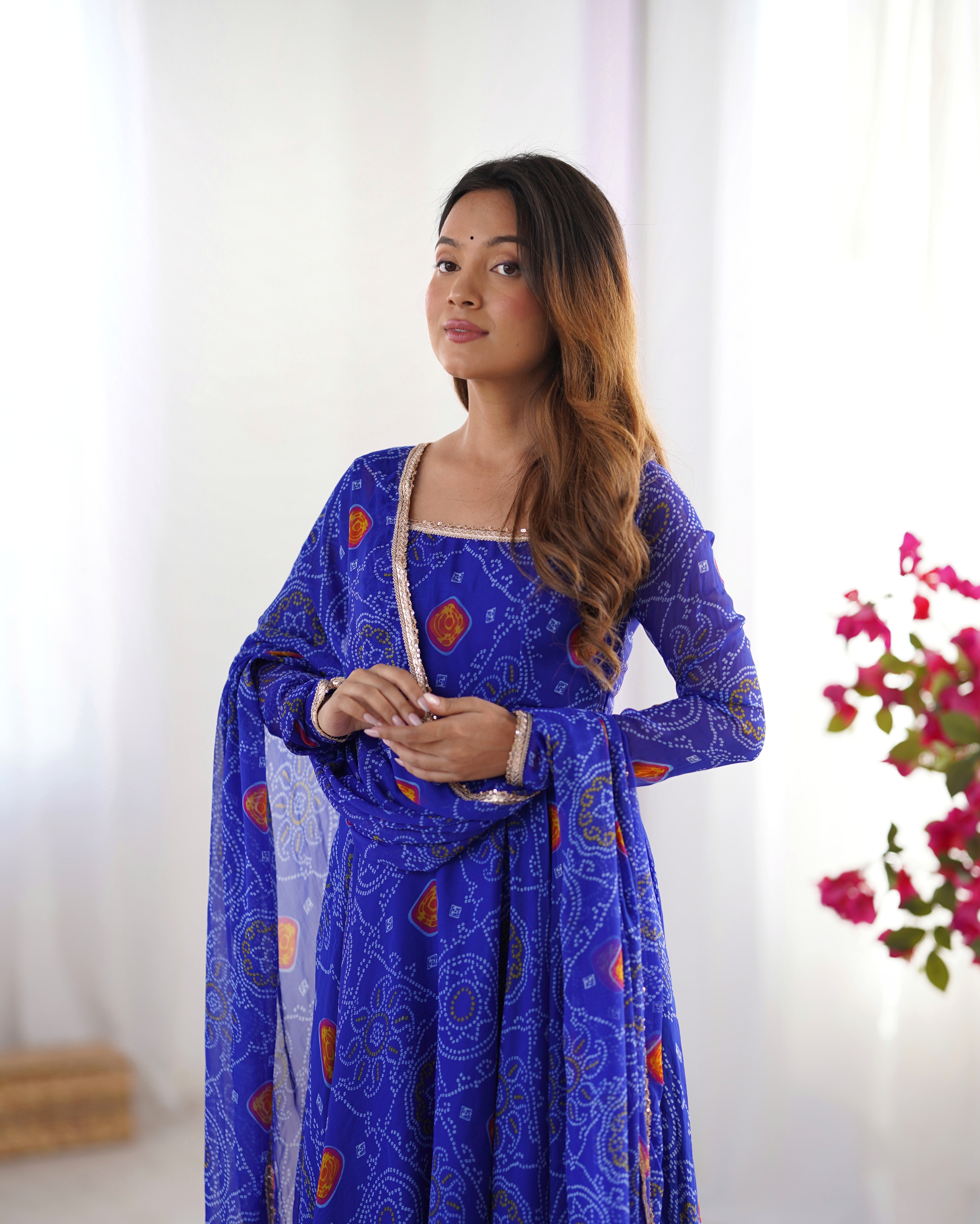 Lorenvalley Women Soft Lightweight Chiffon Bandhej Print Fabric Anarkali Kurta Pant With Dupatta Set