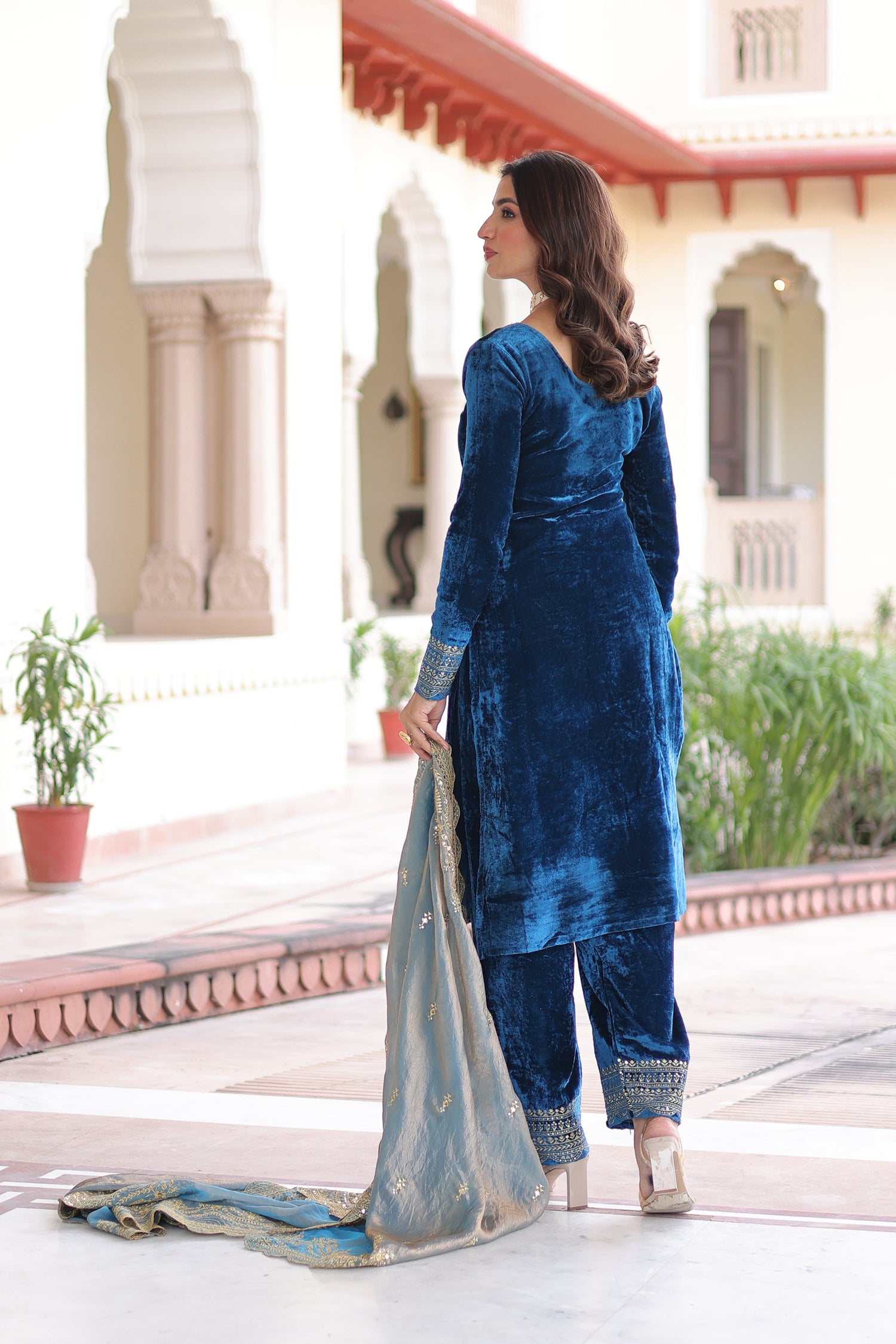 Lorenvalley Fashion Blue Velvet with Rich Sequins & Zari Embroidered work Kurta Pant with Dupatta