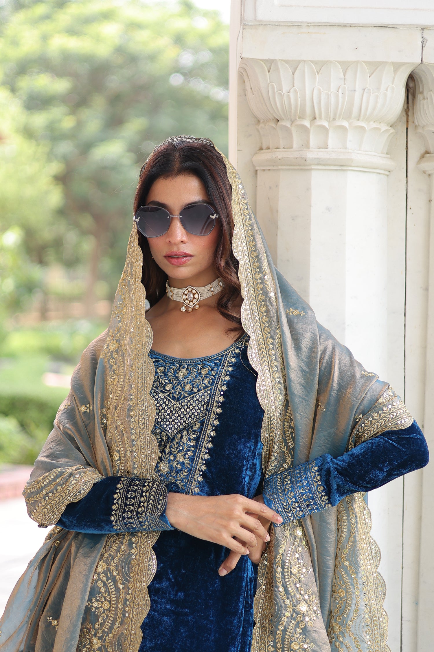 Lorenvalley Fashion Blue Velvet with Rich Sequins & Zari Embroidered work Kurta Pant with Dupatta