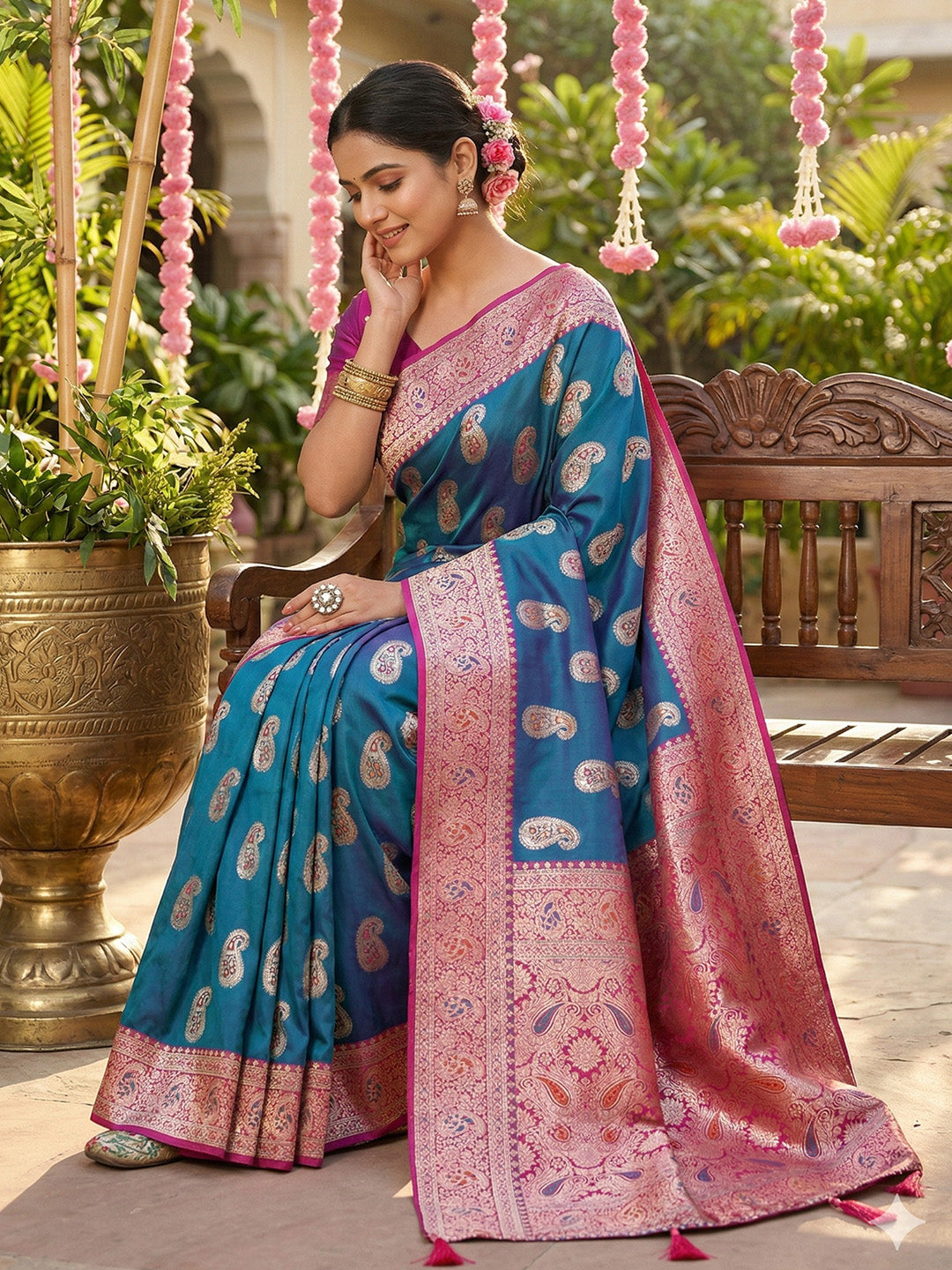 Anaita Blue Silk Blend Woven Saree With Blouse - Distacart
