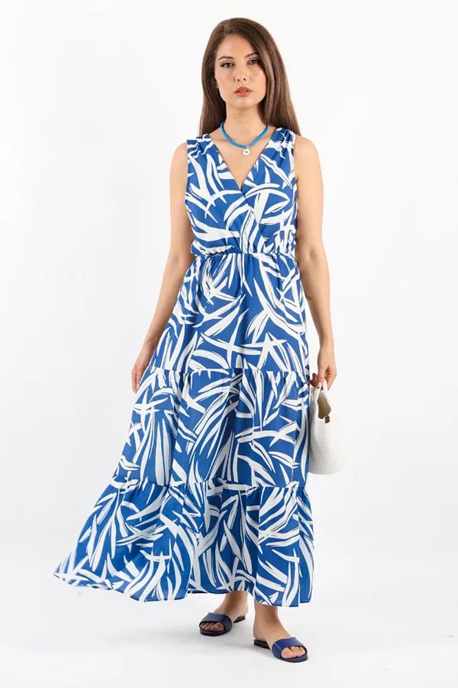 Pimu Viscose Patterned Summer Dress - Elastic Waist, V-Neck - Blue