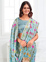 Thumbnail for Anaita Blue Linen Printed Saree With Blouse - Distacart