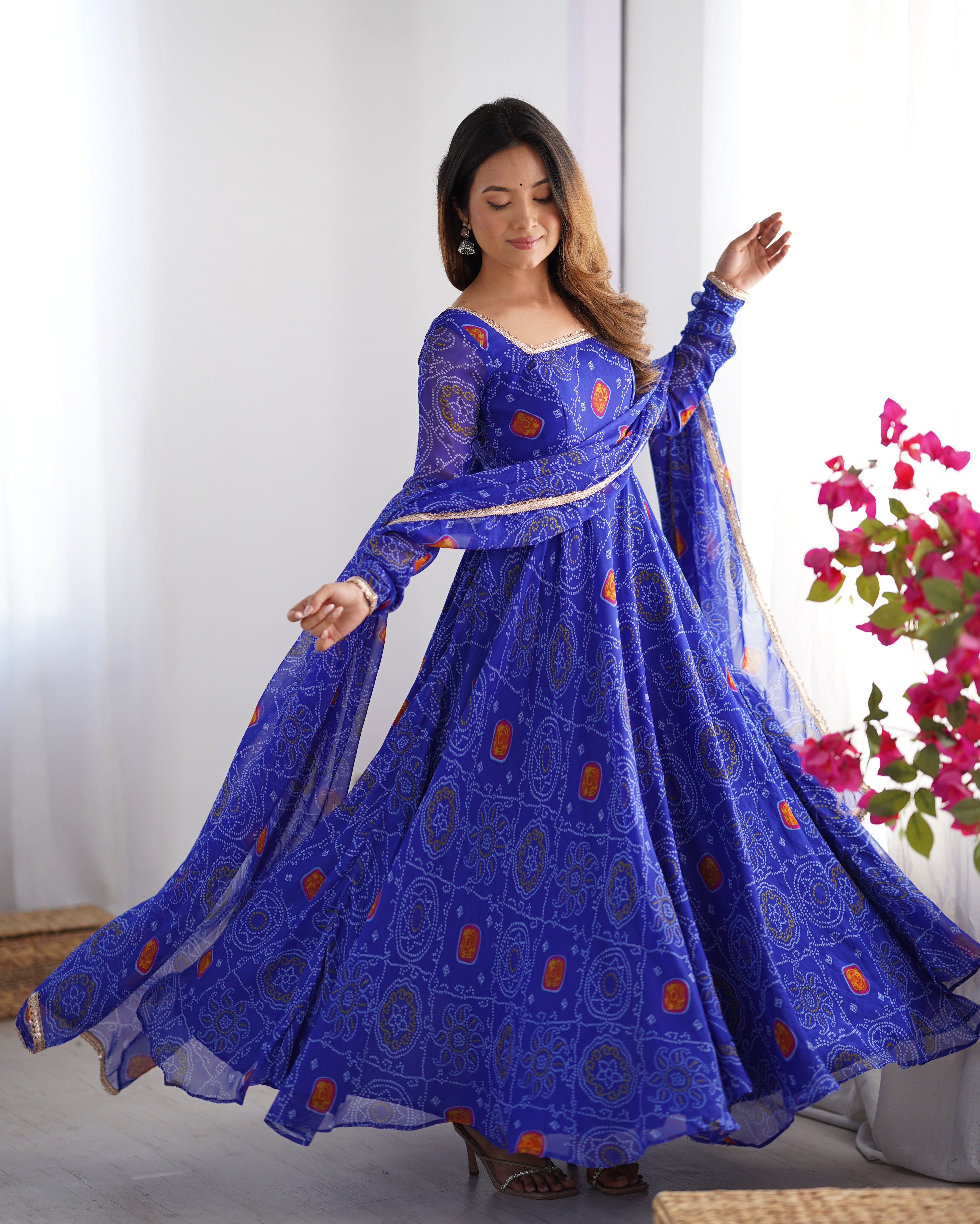 Lorenvalley Women Soft Lightweight Chiffon Bandhej Print Fabric Anarkali Kurta Pant With Dupatta Set - Distacart