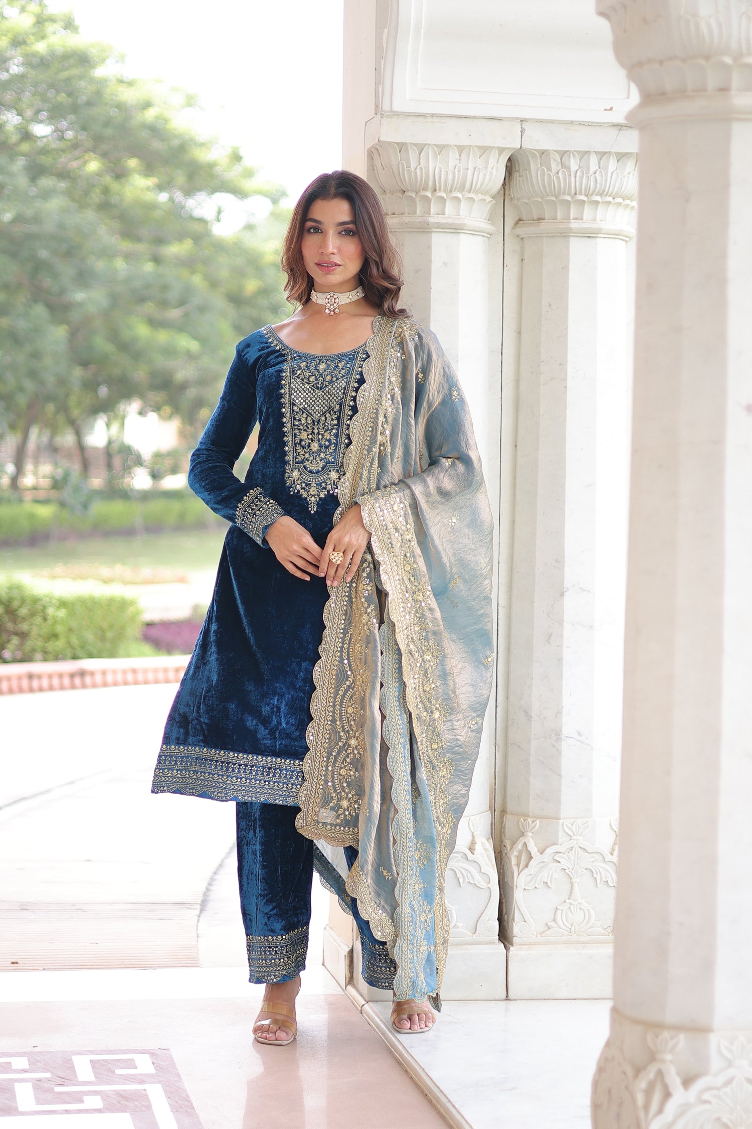 Lorenvalley Fashion Blue Velvet with Rich Sequins & Zari Embroidered work Kurta Pant with Dupatta
