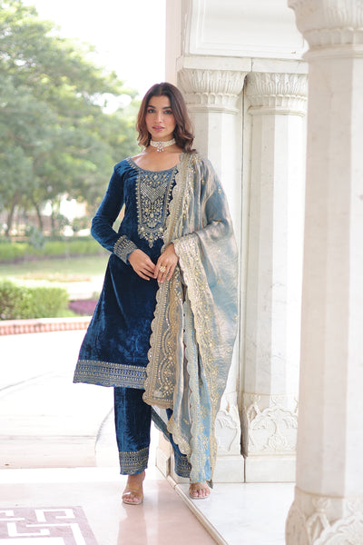 Lorenvalley Fashion Blue Velvet with Rich Sequins & Zari Embroidered work Kurta Pant with Dupatta