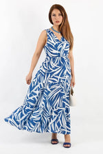 Thumbnail for Pimu Viscose Patterned Summer Dress - Elastic Waist, V-Neck - Blue