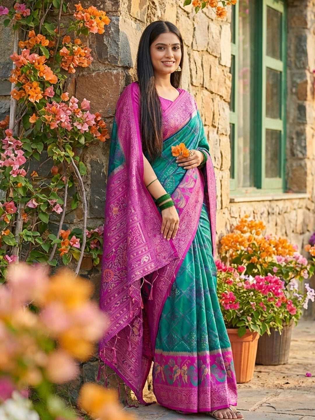 Anaita Blue Pochampally Printed Saree With Blouse - Distacart