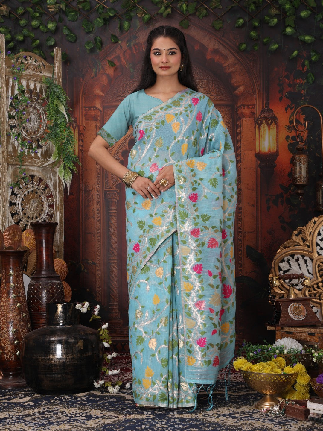 Anaita Blue Linen Printed Saree With Blouse - Distacart