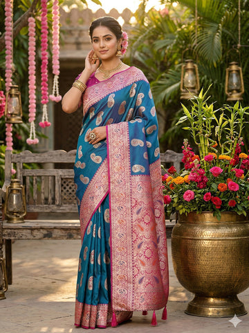 Anaita Blue Silk Blend Woven Saree With Blouse - Distacart
