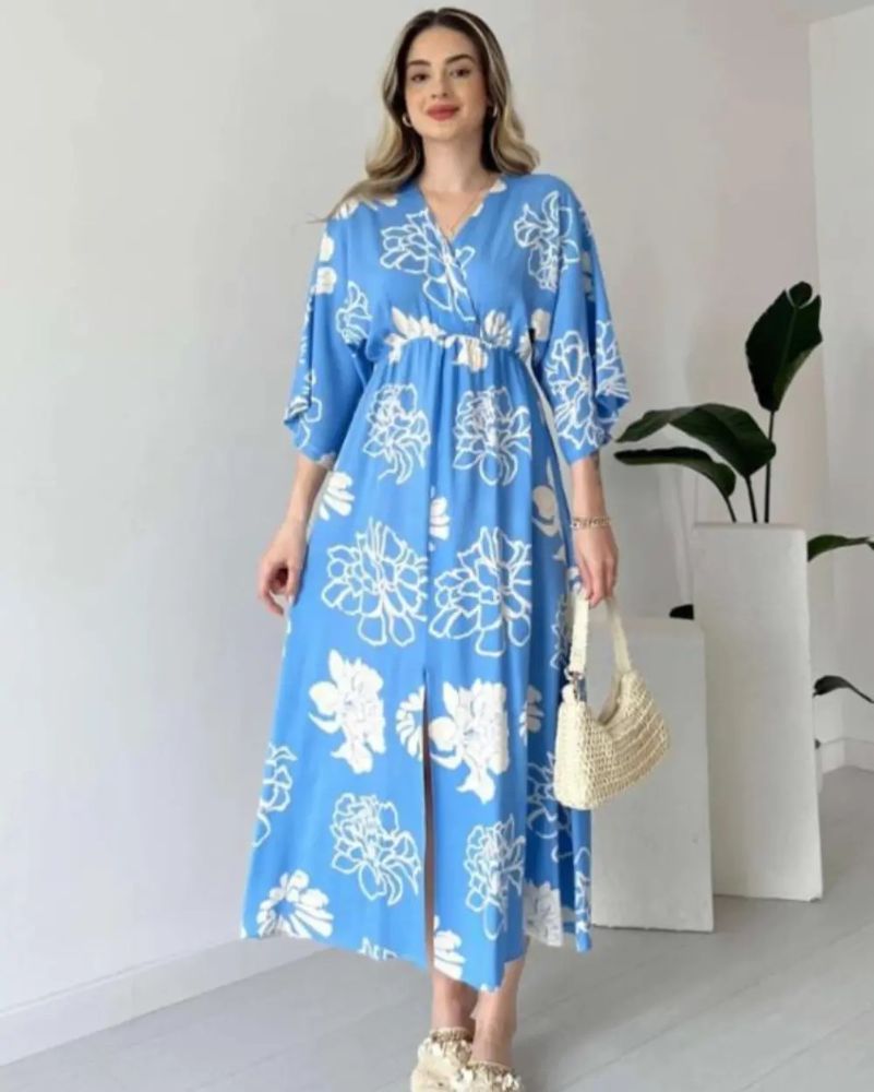 Pimu Front Slit Midi Dresses V-neck Designs For Women Party Wear - Blue