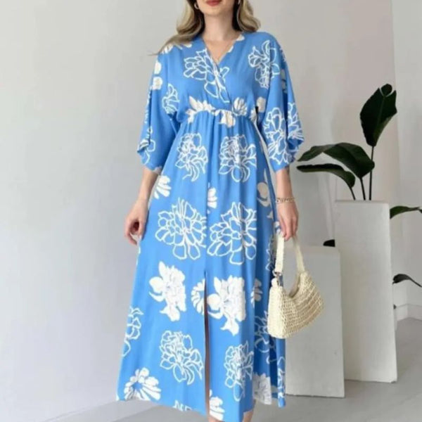 Pimu Front Slit Midi Dresses V-neck Designs For Women Party Wear - Blue