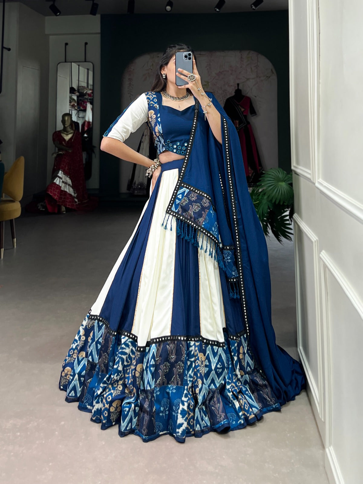 Lorenvalley Blue Pure Rayon with Plain And Printed With Paper Mirror Work Lace And Gota Patti Touch Up Lehenga Choli - Distacart