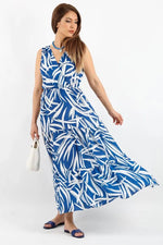 Thumbnail for Pimu Viscose Patterned Summer Dress - Elastic Waist, V-Neck - Blue