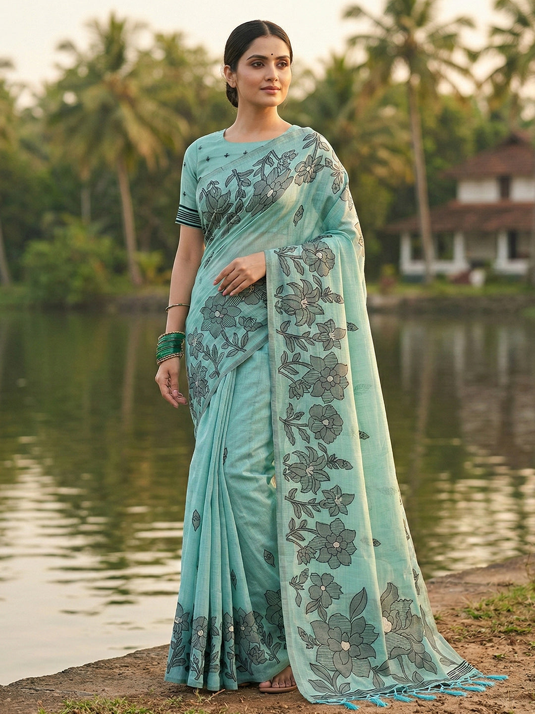 Anaita Blue Linen Printed Saree With Blouse - Distacart