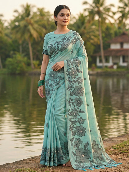 Anaita Blue Linen Printed Saree With Blouse - Distacart