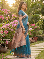 Thumbnail for Anaita Blue Linen Woven Work Saree With Blouse - Distacart