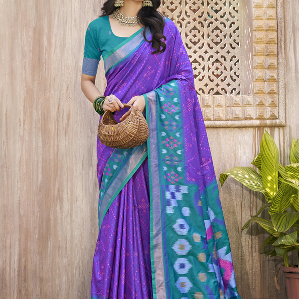 Anaita Blue Pochampally Silk Saree With Floral Printed Work With Blouse - Distacart