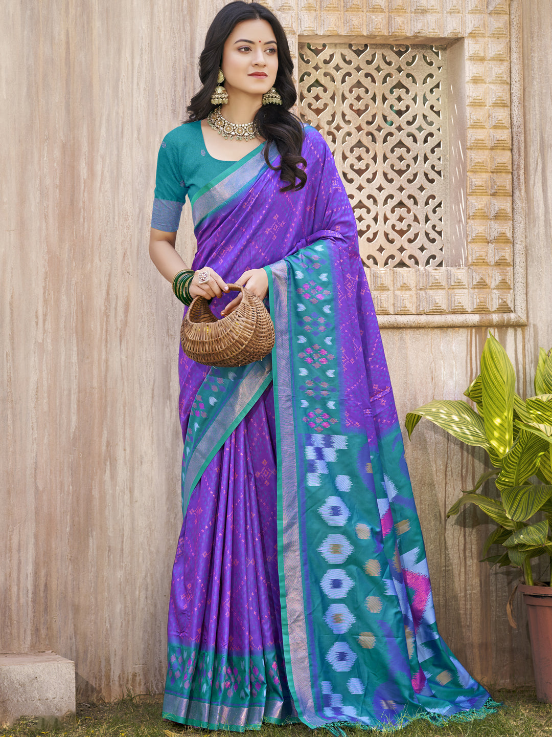 Anaita Blue Pochampally Silk Saree With Floral Printed Work With Blouse - Distacart